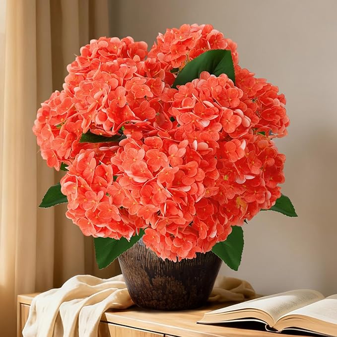 A Bunch 21in, Real Touch Hydrangea Artificial Flowers, with 5pcs Flower Head 8pcs Leaves, Faux Hydrangea Flowers for Home Office Decor Wedding Party Arrangements (2, Orange-red)