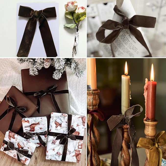 Brown Velvet Ribbon 1 Inch x 5 Yards for Gift Wrapping, Crafts, Christmas Tree, Wreath, Bow Making, Vintage Fabric DIY on The Spool