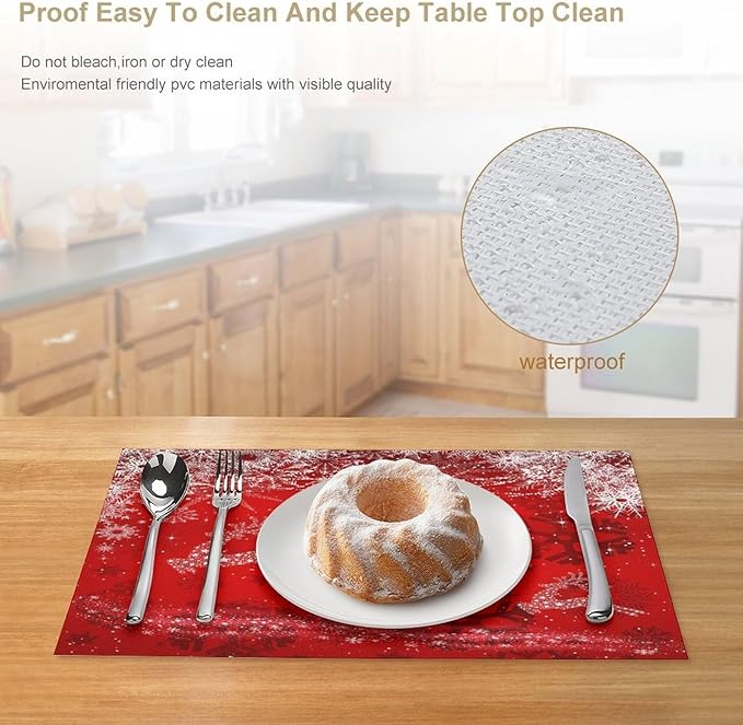 Christmas Elk Placemats Cartoon Red Festive Christmas Snowflake Gift Bell Beautiful Deer Placemats Table Kitchen Dining Party 12x18 Inch Set of 4
