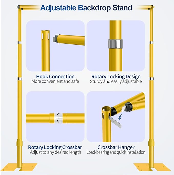 10x10ft Pipe and Drape Backdrop Stand, Double Crossbar, Heavy Duty Adjustable Background Frame with Metal Base for Parties Photography Wedding Photoshoot Decoration - Gold