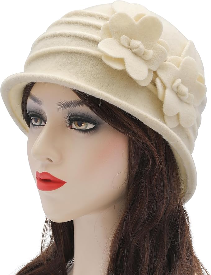 ZLYC Women Wool Cloche Bucket Hat 1920s Vintage Dress Winter Hats with Flower Accent