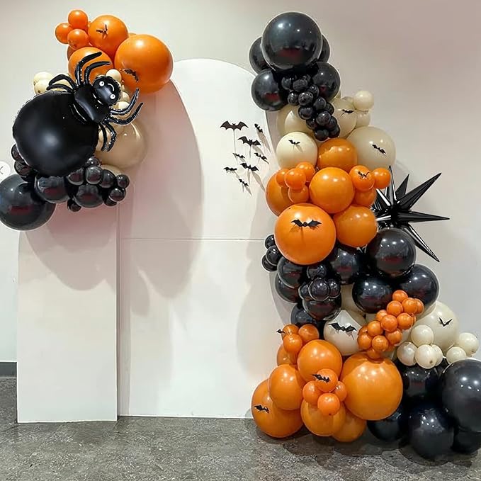 Halloween Balloon Arch Garland Kit, Black Ivory White Burnt Orange Spider Star Foil Balloons with 3D Bat Stickers for Halloween Baby Shower Party Decorations Cosplay Theme Party