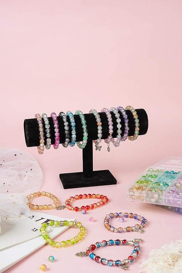 1300PCS 8mm Mixed Crackle Glass Beads for Bracelets Making with Accessories, 48 Colors Crystal Glass Beads Jewelry Making Kit, Round Beads for DIY Bracelet Crafts