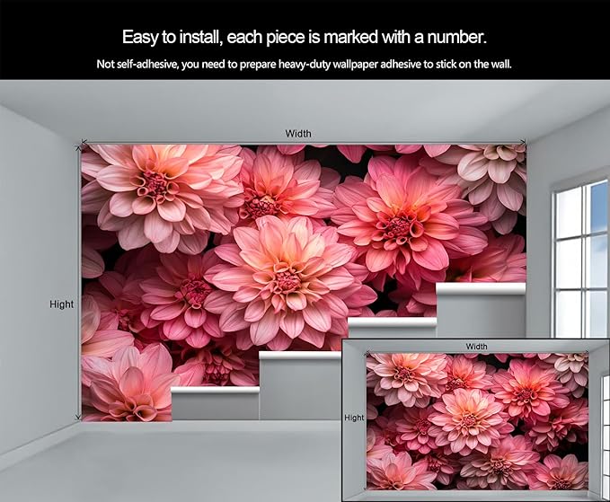 Pink Dahlia Floral Wall Mural, Blush Pink Dahlia 3D Wall Murals, Romantic Floral Wallpaper Mural, for Living Room Bedroom Large Wallpaper Indoor Decor 157.5" W x110.3 H