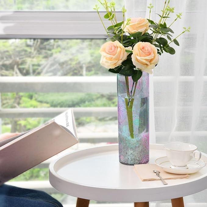 Flower Vase Clear Plastic Cylinder Vases Decor for Centerpieces Home Storage Office Weddings Rainbow Color Circular Pentagrams Stars 11.8 x 3.9 in