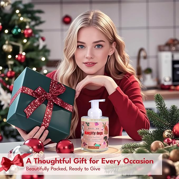 ROMIIE ZOI Christmas Foaming Hand Soap with Gift Box- Naughty Dogs Design, Winter Candy Apple Scented - Holiday Bathroom Soap for Winter Home Decoration and Gifting – 500ml / 16.8oz