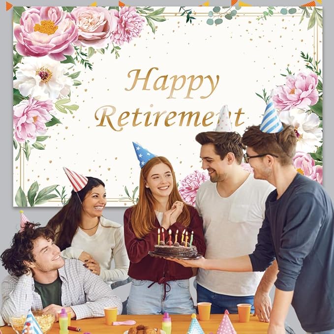 Happy Retirement Backdrop for Women Pink Rose Gold Dots Retirement Party Banner White Floral Greenery Leaves Decoration Lady's Retirement Party Decor Congrats Retire Photo Booth Props(7x5ft)