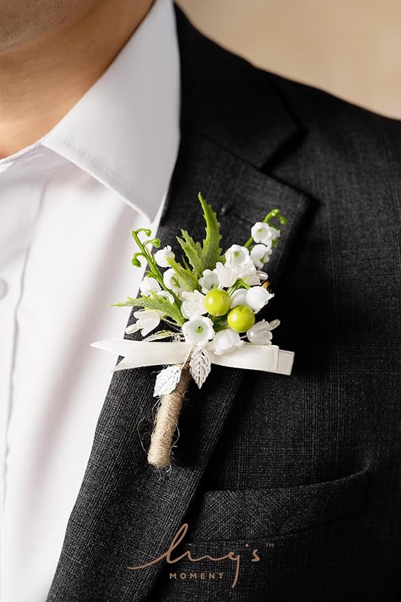 Ling's moment Boutonniere for Men, 6pcs Groom Groomsmen Boutonniere, Artificial Flowers for Wedding Decor/Prom/Homecoming, etc.White Lily & Olive