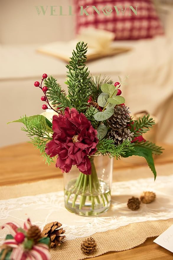 Artificial Flowers in Vase, Christmas Flower Bouquet Coffee Table Centerpieces with Faux Water for Winter Home, Fake Silk Poinsettia & Pinecorn Arrangement for Xmas Party Decor Gift (Red & Green)