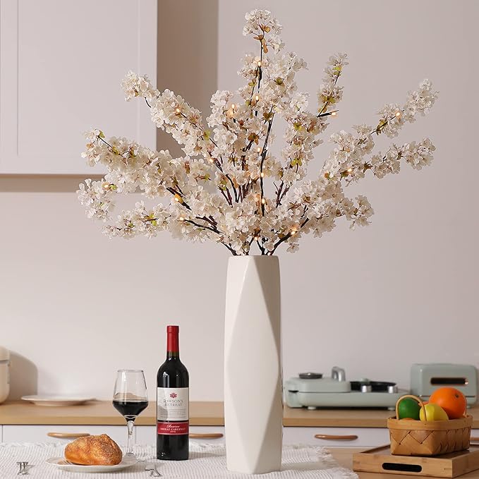 Sunm Boutique 3 PCS Silk Cherry Blossom Branches, Lighted Brown Twig Branches, Artificial White Cherry Blossom Flower, Cherry Blossom Stems Decor Faux Cherry Blossom Tree for Wedding Home Decor, 39'