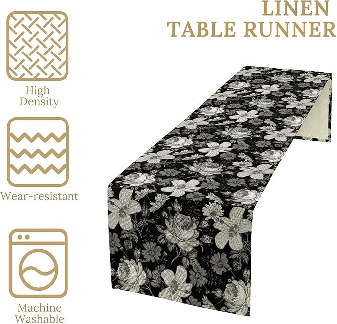 Black Floral Table Runner, Abstract Vintage Black White Floral Plants Leaves Boho Dark Gothic Garden Table Runner for Indoor Outdoor Party Wedding Decor, 13x120inch