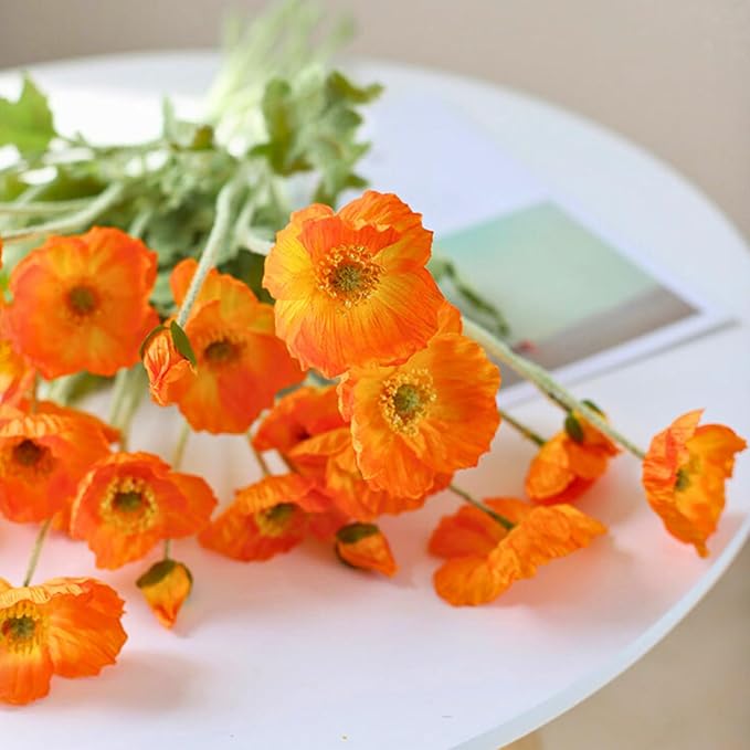 ASTRYAS 8 Stems Artificial Flowers Fake Faux Poppy Silk Bouquet Orange Flowers for Wedding, Home, Party Decoration,Table Centerpiece Arrangement(8, Orange)