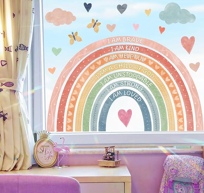 Large Rainbow Window Stickers Kids Inspirational Window Decals Peel and Stick Double Sided Rainbow Window Clings Anti Collision Motivational Window Decals for Nursery Playroom Classroom Bedroom Decor