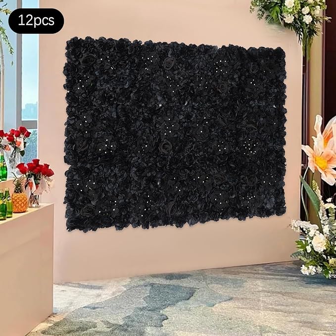 12 Pcs Artificial Flower Wall Panels, 15 x 15 Inch Floral Backdrop Silk Flower Wall Decor, 3D Black Hydrangeas Dahlias Roses Panels Background for Wedding Party Baby Shower