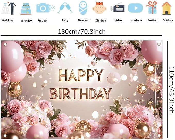 Pink Rose Happy Birthday Backdrop Banner Gold Letters Floral Photography Background Girls Birthday Party Decorations Elegant Party Supplies Photo Booth Props 71x43 Inch