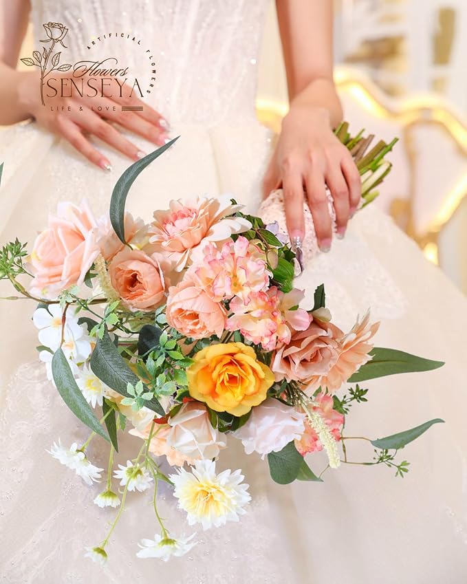 Senseya Artificial Flowers Combo, Champagne Silk Roses, Peonies, Dahlias with Stems for DIY Wedding Bouquets, Baby Shower, Table Centerpieces, Home Decor, Fake Floral Arrangements, Party Decorations