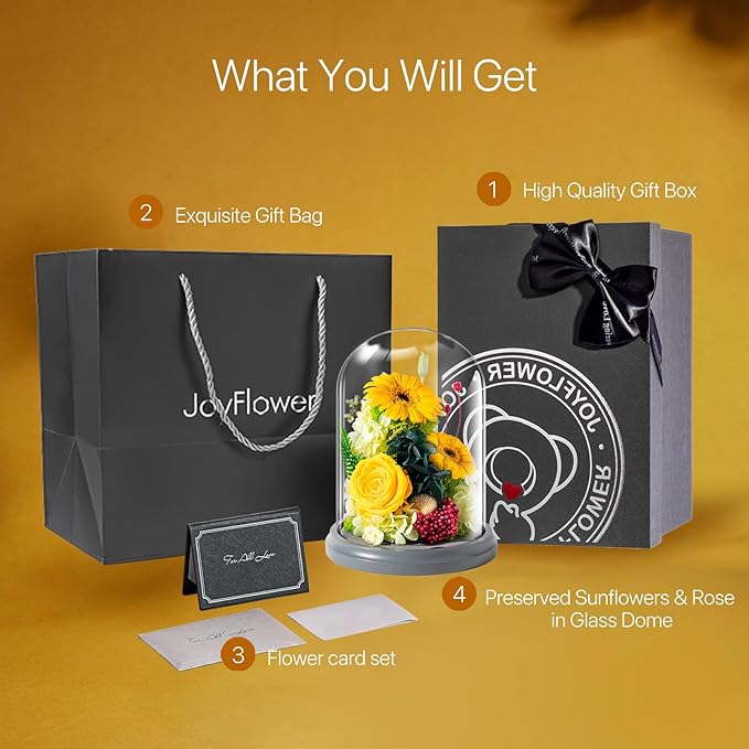 JoyFlower Preserved Sunflower Gifts for Women, Eternal Flowers Real Rose in Glass Dome, Forever Sunflowers Gift for Mom Wife Girlfriend, Unique Birthday Anniversary Graduation Sunflower Gifts for Her