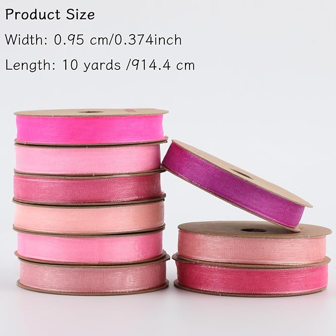 3/8" x 90 Yards Organza Ribbon Set 9 Rolls x 10 Yards Sheer Ribbon for Gift Wrapping Crafts Christmas Decorating, Embroidery, Crafting, Sewing,Wedding, Birthday Party, Holiday. (Mixed Color-2)