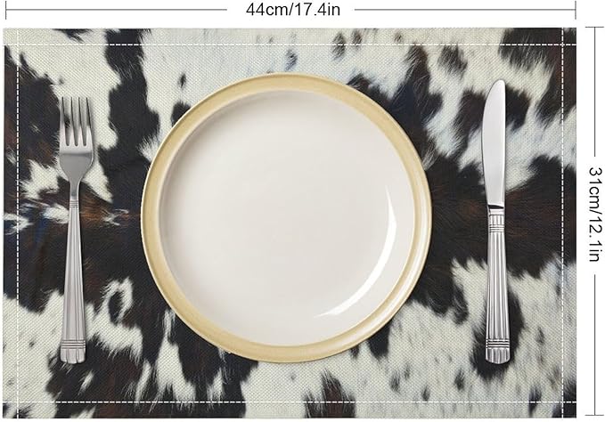 Cow Print Placemats Set of 4 Brown Cowhide Print Western Style Art Printed Dining Table Mats for Restaurant Home Kitchen Holiday Decor 12x18in