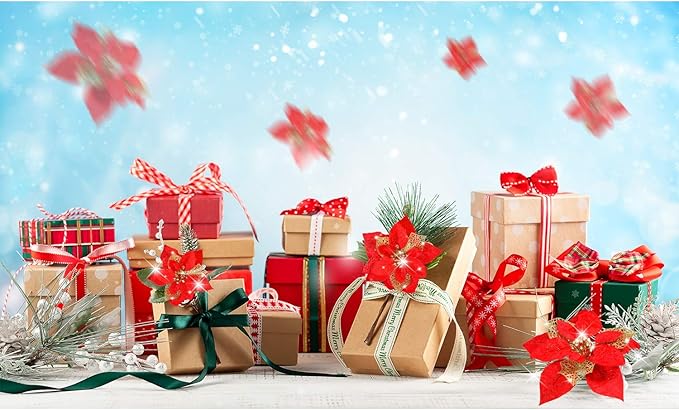 WILLBOND 36 Pieces Christmas Poinsettia Glitter Faux Flowers Christmas Artificial Flowers Tree Ornaments Topper Xmas Decorations(Red)