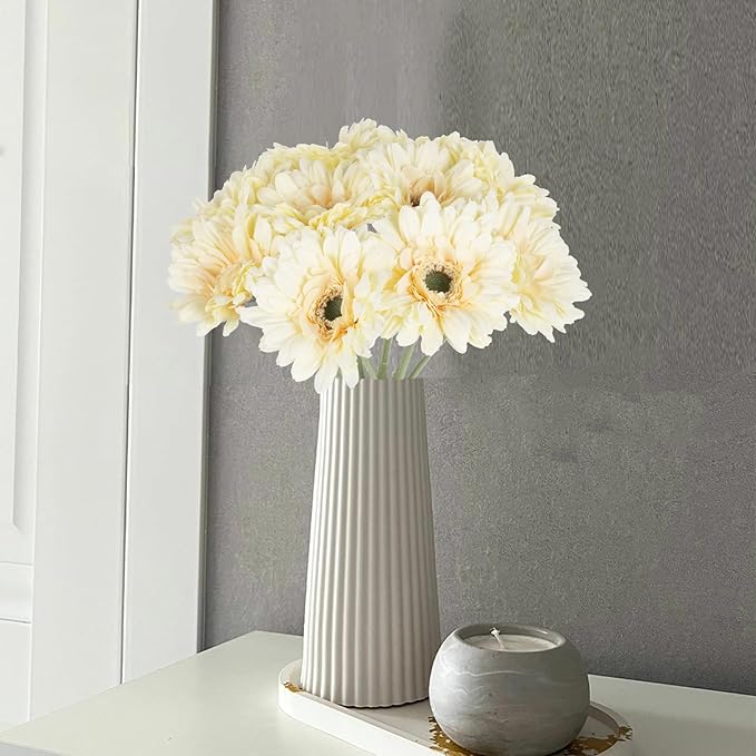 Gerbera Daisy Artificial Flowers Silk Flowers Champagne Gerber Daisy Artificial 10PCS Fake Daisies 17.7in Faux Daisies for Wedding Bridal Bouquet Party Home Kitchen Decor(Champagne)