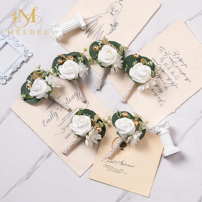 Meldel White Boutonniere for Men Wedding, Set of 6, Best Man Groom Groomsmen Boutonniere, Men Boutonnieres for Wedding Prom Party Homecoming