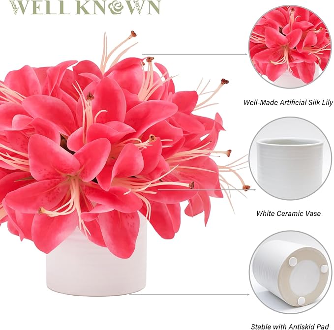 Artificial Flowers in Vase, Fake Lily Flowers with White Ceramic Vase, Small Potted Faux Floral Arrangements for Home Desk Kitchen Lavatory Coffee Tea Wedding Table Centerpiece Decor (Hot Pink)