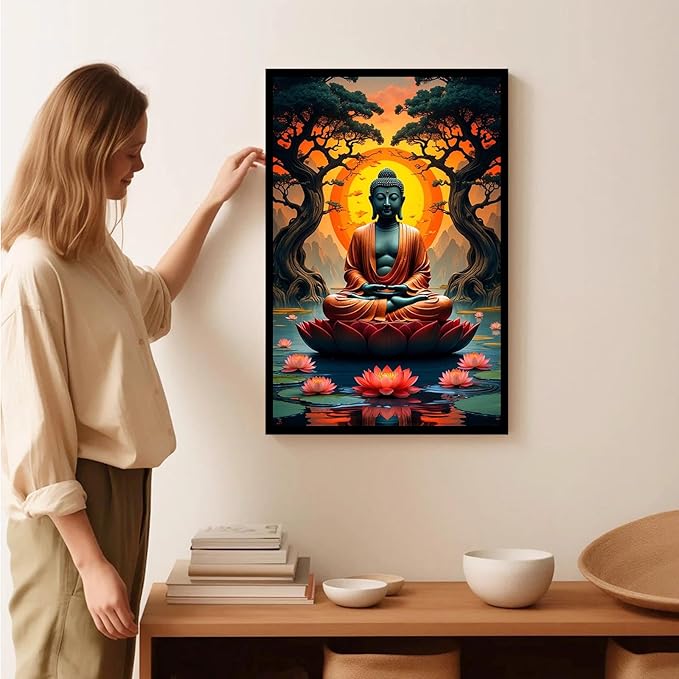 Canvas wall art Golden Buddha on lotus at sunset Ancient trees with reflections on water Serene meditation scene Uplifting wall art for mindfulness and tranquil home decor 12x18in Metal blackFramed