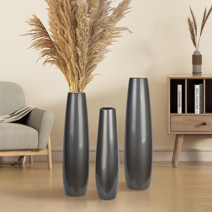 Silvery Ceramic Tall Floor Vase,17.7 Inch Large Modern Flower Vases for Home Décor,Wicker Big Floor Vases Decorations for Farmhouse, Living Room,Bedroom,Standing Plastic Vase Decorative Tall