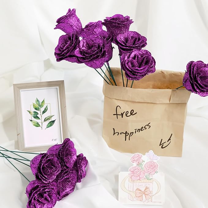 Glitter Roses Bouquet, Shiny Artificial Roses Flowers with Stems DIY Fake Glitter Flowers Bouquet for Valentine's Day, Mother's Day, Anniversary, Graduation, Birthday, Wedding, 36 Roses (Purple)