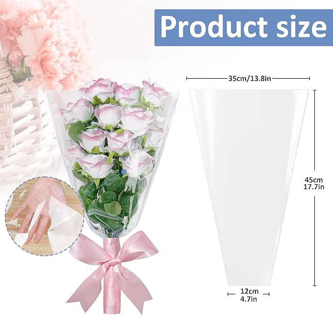 JOYIT Clear Flower Bags for Bouquets, 100PCS Flower Wrapping Papers 9.8in x 18in, Flower Wrapping Bags, Floral Wrapping Paper Clear Flower Sleeves for Floral bouquets Packaging(M)