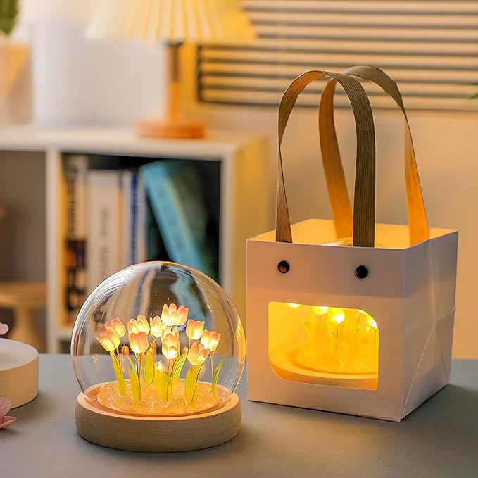 Tulips Lamp Gifts for Women, Tulips Artificial Flowers Night Light, Light Up Pink Tulip in Glass Dome for Bedroom, Unique Birthday Gifts for Women, Mom, Sister, Friends, Cute Home Decor