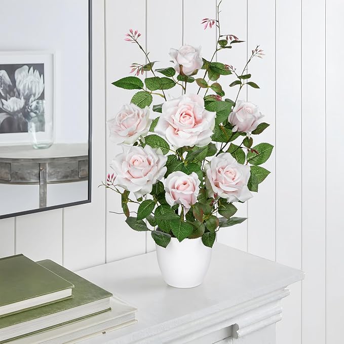 Hollyone Pink Fake Roses Artificial Flowers in Pot 23.6" Small Roses Tree Indoor Outdoor Faux Plants & Flowers Rose Silk Flowers Potted Plant Artificial Rose Floral Arrangement Desk Home Decor