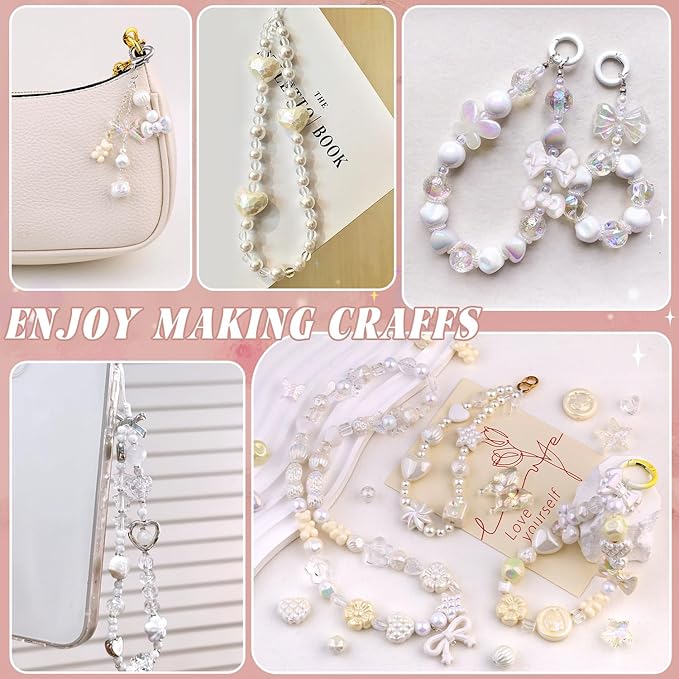 Assorted Acrylic Beads, 200-260PCS White Cute Beads for Bracelet Making, GummyBear Bow Flower Candy Kawaii Charms for Jewelry Making DIY Necklace Keychain Phone Charm Christmas Gift