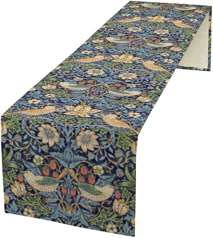 William Morris Floral Table Runner,Flowers Botanical Printed Table Runner for Home Kitchen Dining Table Decoration,13x60 Inch Strawberry Thief