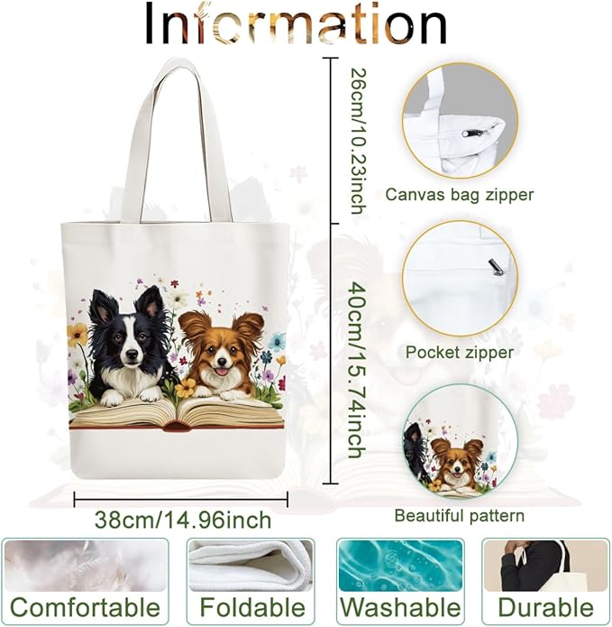 ANATTASOUL Canvas Tote Bag Cute Dog and Flowers Reusable Cotton Bag for Women, Durable Cloth Shoulder Bags with Zipper Pockets for Shopping, Vacation, Work, Gym
