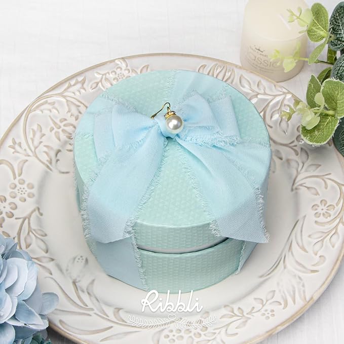 Ribbli Ice Blue Chiffon Silk Ribbon, 1-1/2 inch x 20 Yard, Handmade Fringe, Wedding Invitations, Bridal Bouquets, Home Decor