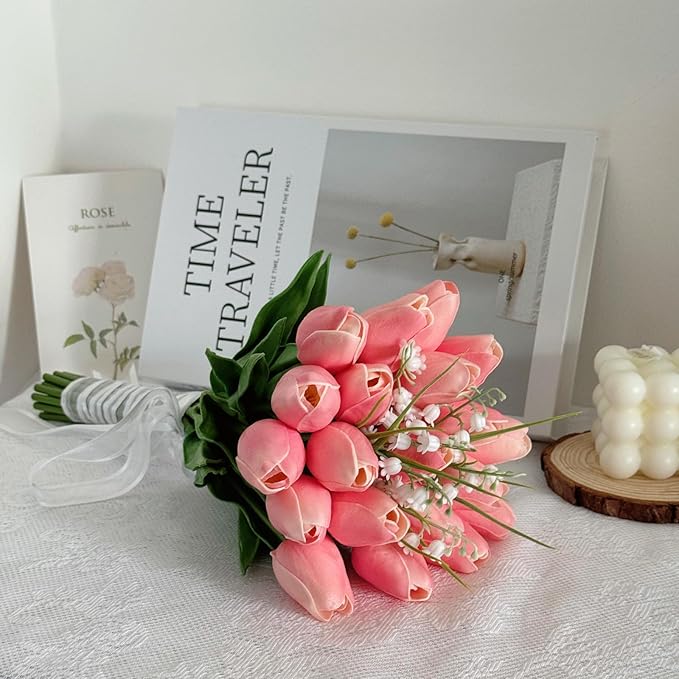 Artificial Floral Tulip Bouquet 20pcs Artificial Tulip Flowers,Bridesmaid Bouquet with Wedding Ceremony Festivals Anniversary Bridal Rehearsal Party Bar Table Decor (Pink)