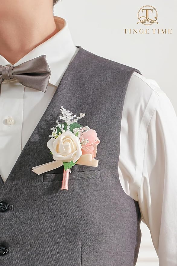 TINGE TIME Boutonniere for Men Wedding,Groom and Best Man Boutonniere for Wedding Ceremony Anniversary, Formal Dinner Party and Rustic Spring Wedding Marriage (6, Champange&Pink)