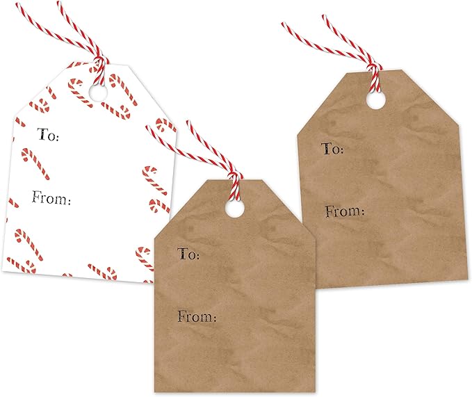 Pro Supply Global 24 Count of 2.5 Inch x 3 Inch Pre Strung Christmas Candy Canes Gift Tag Assorted Printed Designs on Large Cardstock Gift Hang Tags - Ideal to Use on Bags