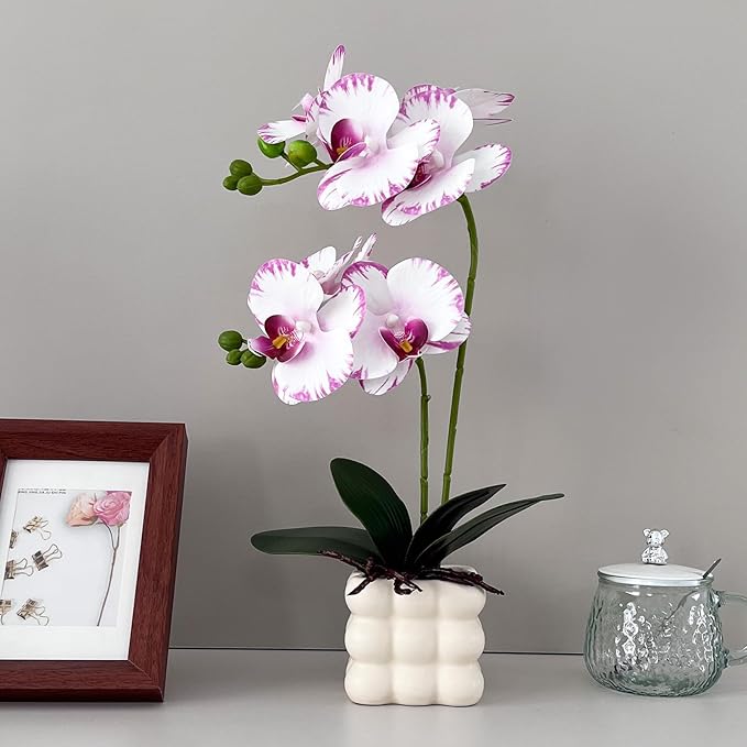Artificial Orchids in Vase, White Purple Edged, 14 in Height, Home Decor Orchid Artificial Flowers
