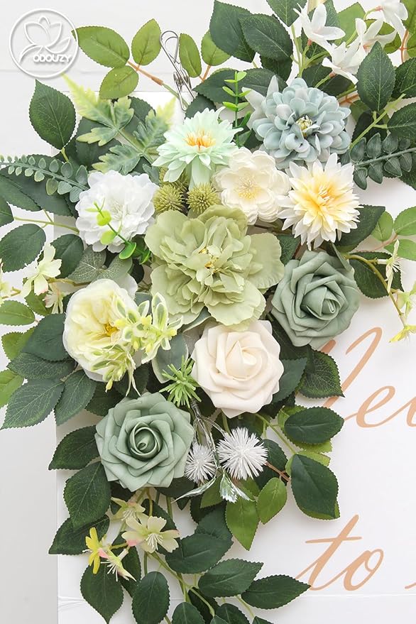 Pack of 2 Wedding Arch, Artificial Flowers, Wedding Decor，Flower Garland Be Suited to Banquet, Party, Reception Entrance Welcome Sign and Background Decoration (White Green)