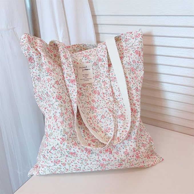 Cotton Canvas Tote Bag Reusable Soft Grocery Cloth Bag Floral Shoulder Bag for Beach Travel Shopping