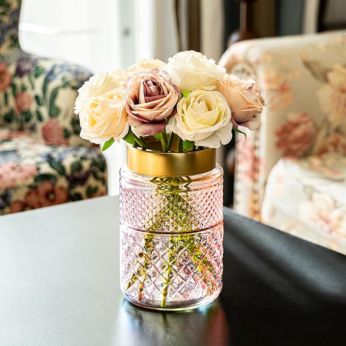 2-Pack Flower Vase Glass, 7.6 inch Pink Fluted Vase with Golden Metal Top, Stylish Decorative for Tabletop Centerpiece, Kitchen, Living Room, Bedroom, Bathroom, Office