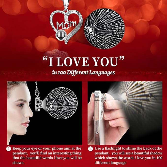 Gifts for Mom from Daughter and Son, Unique Mother Birthday Gift Idea, Preserved Pink Real Roses with I Love You in 100 Languages Mom Necklace, Cool Present to Mother Mama-Pink