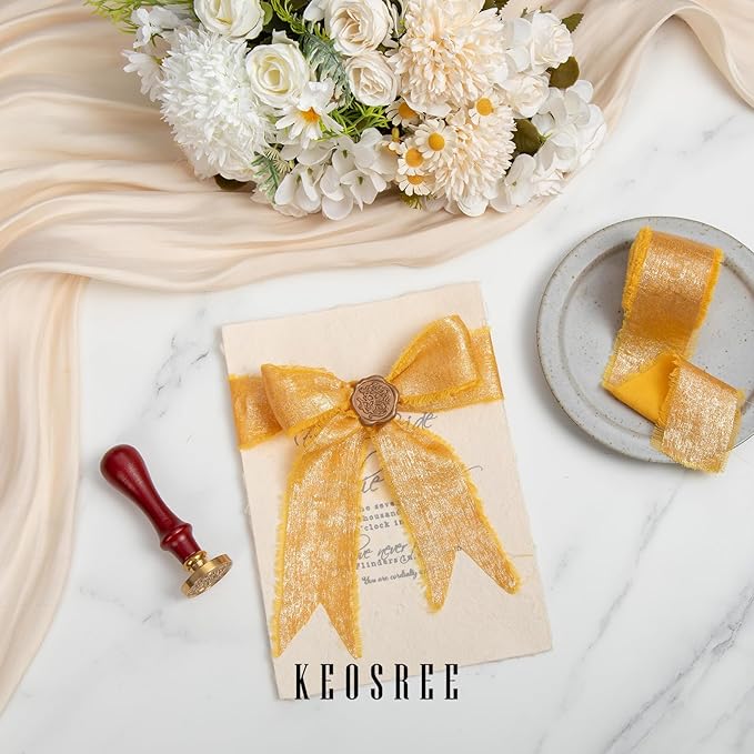 Gold Silk Chiffon Ribbon,Gold Frayed Shimmery Silk Ribbon for Bridal Flower Bouquet Christmas Gift Wrapping Wedding Decor Invitations Decorations 1.5" x 15 Yards (5Yards X 3 Rolls)