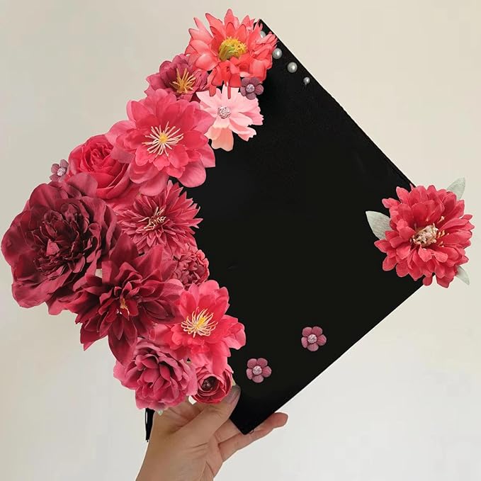 Artificial Flowers Heads Combo Red Flowers Mix Silk Flowers Heads Bulk Faux Rose for Craft Garland Graduation Cap Wedding Bridal Baby Shower Home Party Decoration DIY Cake Decor