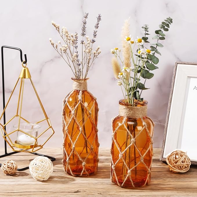 Chuangdi Set of 2 Coastal Glass Vases for Flower Small Flower Vase with Boho Rope Wrapping Beach Decorative Bottle for Coastal Nautical Table Centerpiece Wedding Floral Arrangement Decor(Amber)