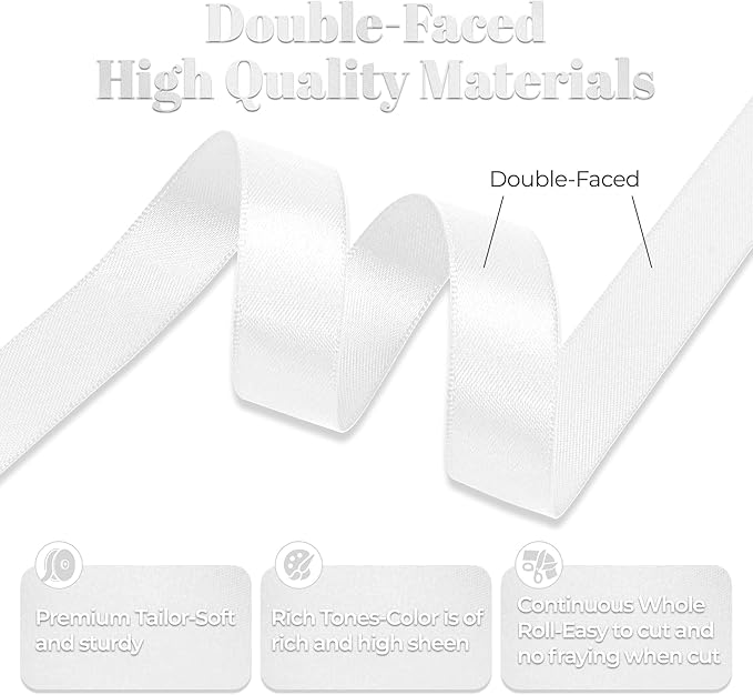 Premium Double Faced Satin Ribbon, 5/8 Inch X 25 Yards, White, Perfect for Gift Wrapping, Crafts, Wedding Decor