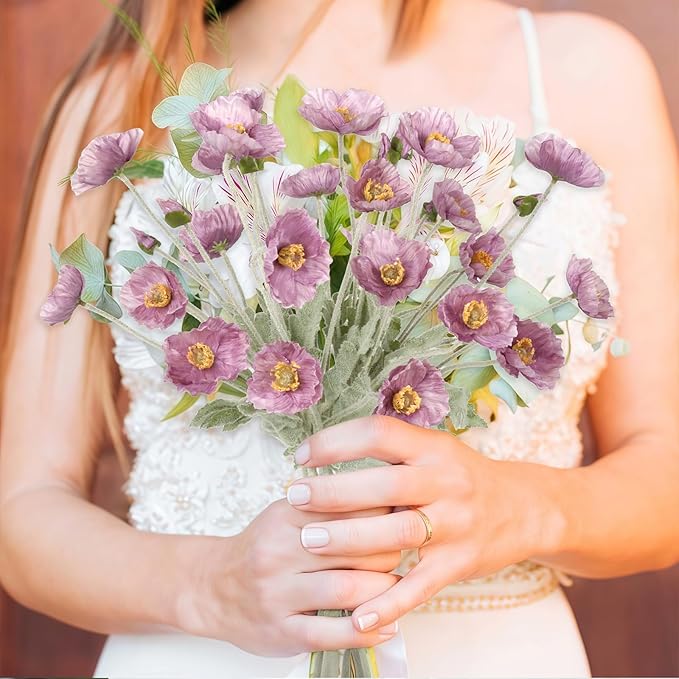 8PCS Purple Poppy Flowers Artificial 22.8" Realistic Faux Silk Poppies Flowers with Stems for Wedding Party Table Centerpiece Home Decor(Purple)